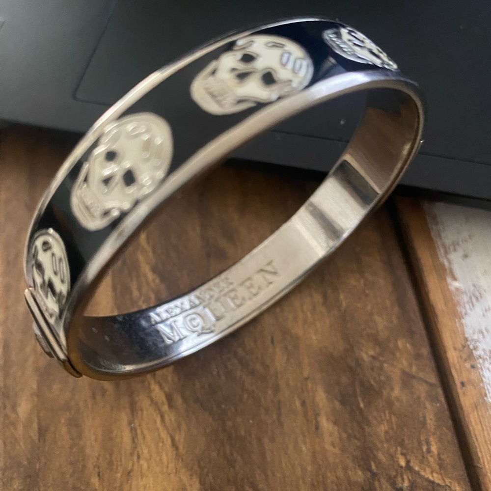 Alexander McQueen bracelets, silver bangle, black and white skull